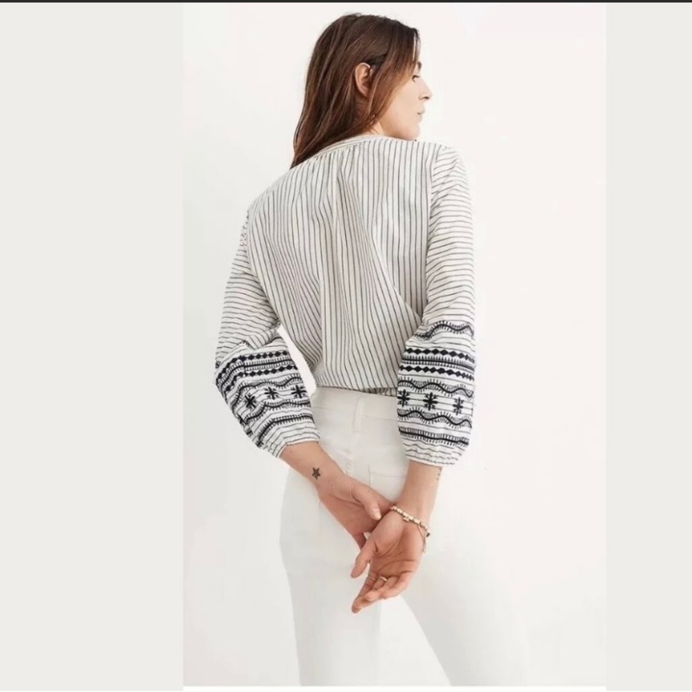 Madewell Striped Top Embroidered Sleeve Shirt XXS